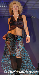 model in cutaway skirt from trousers